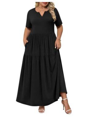 Plus Size Maxi Dress with Pockets V-Neck Ruffle Hem Casual